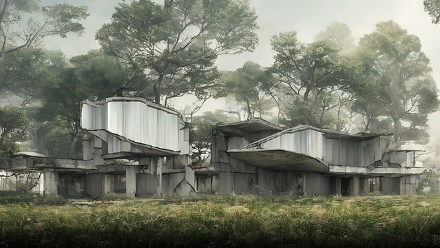 Architecture of the future, a ruined city overgrown with greenery. Concept art, idea for inspiration.