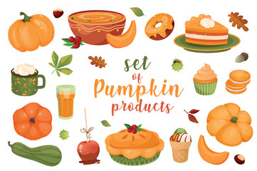 Pumpkin desserts and drinks set with isolated elements in flat cartoon design.