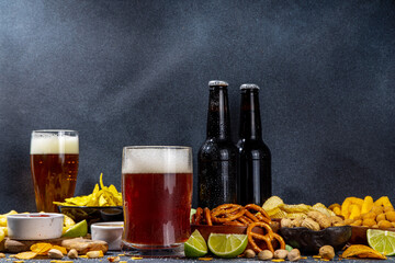 Beer with various snacks