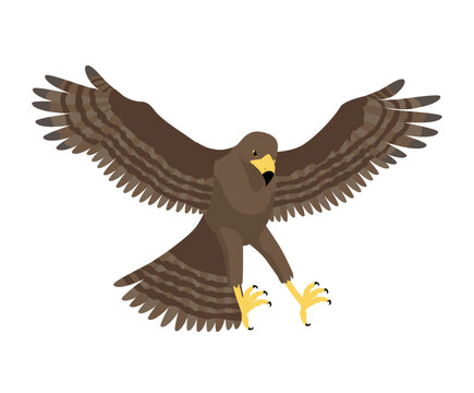 Brown eagle icon. Flying bird lowers its altitude and lands. Cute animal with wings and feathers. Graphic element for printing on fabric. Social media sticker. Cartoon flat vector illustration