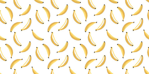 Seamless pattern with yellow bananas on white background. Vector horizontal Iillustration.