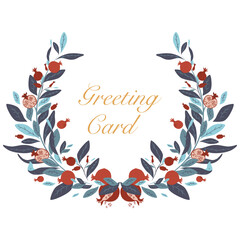 Wreath of ripe pomegranates, leaves and flowers on a white background in vector. Minimal floral ornament isolated. Wreath with plant leaves and fruit. Rosh hashanah. Flat style illustration.