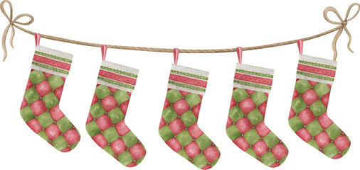 Christmas stocking garland watercolor illustration. Fireplace decor element.