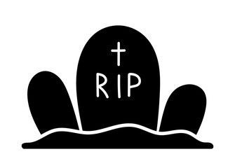 Halloween grave silhouette. Rest in peace and cross. Horror and fear, tombstone. Sticker for social networks and messengers. Cemetery landscape, granite slab. Cartoon flat vector illustration
