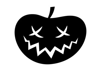 Halloween pumpkin silhouette. Vegetable with scary eyes and mouth carved with knife. Unusual hat. Symbol of fear and horror. Fantasy and imagination, mysticism. Cartoon flat vector illustration