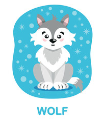 cartoon wolf on a blue background. Winter collection Cards for learning children
