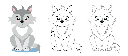 Cute wolf. Circle the dots on the drawing. Color the wild animal. Education