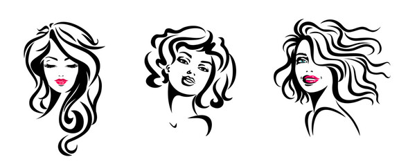Hairstyle themed line art female portraits vector illustration.
