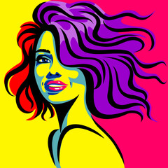 Woman with hair blowing in the wind abstract portrait vector illustration, Decorative art work colorful design.