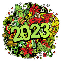 2023 doodles illustration. New Year objects and elements poster