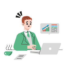 Young happy businessman using laptop computer working at his desk at home office. Simple flat vector illustrations.
