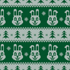 Knitted seamless pattern for 2023 New Year of the Rabbit. Vector ornament with cute bunnies, snowflakes, and Christmas trees. Green and white sweater print.