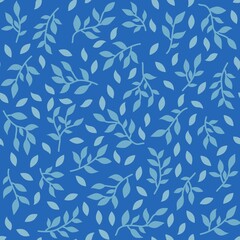 Floral seamless pattern with brunches and leaves. Raster hand drawn illustration. Cute small leaves pattern in blue tones. Great for fabric, packaging, textile, apparel, wallpaper.