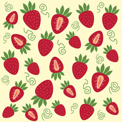 Strawberry slice seamless pattern in hand drawn style. Repeating fruit background vector for summer fabric, decoration, backdrop, textile, ornament, ornate, wallpaper and fashion design.