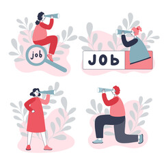 Different people looking through binoculars, finding a job. Flat vector illustration isolated on white background