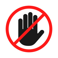 Stop sign in round shape. Stop hand sign PNG. Red forbidding sign with human hand. Stop hand gesture, do not enter, dangerous