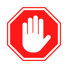 Obraz premium Stop sign in octagon shape. Stop hand sign PNG. Red forbidding sign with human hand. Stop hand gesture, do not enter, dangerous