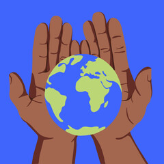 Vector illustration of hands holding a planet. The concept of nature conservation.