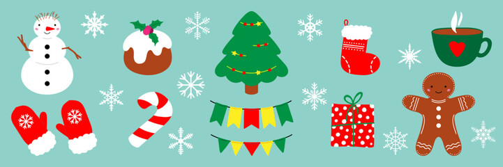 Set of elements about christmas. Traditional holiday decorations. Hand drawn vector illustration in cartoon style. Gift, Gingerbread, Candy, Christmas tree, Snowman, Christmas cake, Christmas sock.