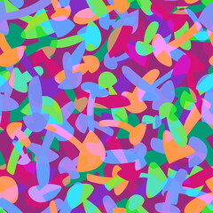 Fun seamless layered pattern of vivid neon chaotic randomly moving silhouette mushrooms