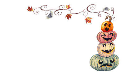 Angry, confused, smiling cute halloween pumpkins. Jack-o'-lantern pumpkins.Watercolor illustration. Imaginary halloween illustration. Pumpkins are sitting on top of each other.Autumn leaves are flying