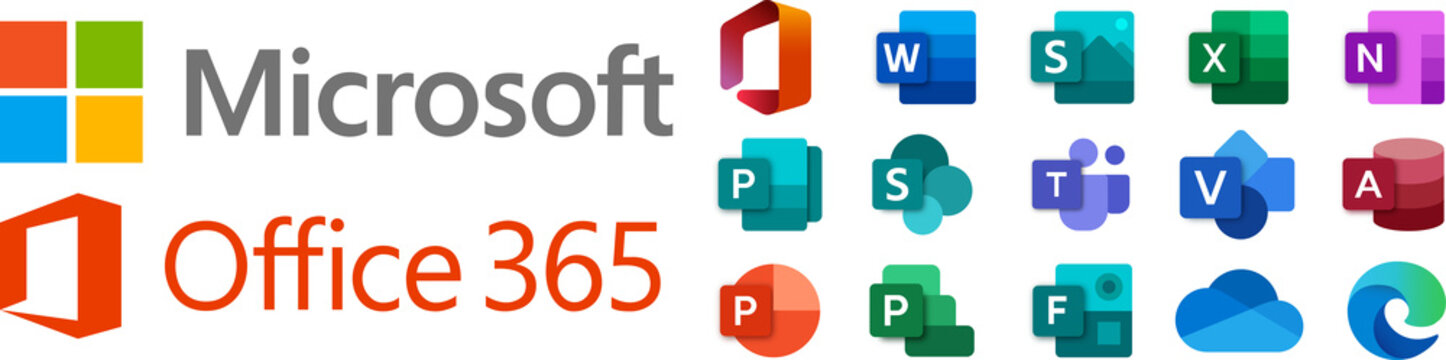 Set icons Microsoft Office 365: Word, Excel, OneNote, Yammer, Sway, PowerPoint, Access, Outlook, Publisher, SharePoint, OneDrive, Skype, Exchange, Teams... PNG image on trasparent background	