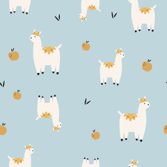 Seamless pattern with cute hand drawn llamas, alpacas and apples
