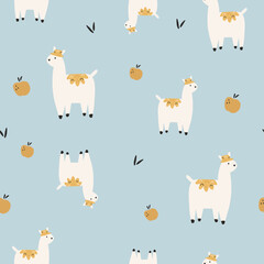 Fototapeta premium Seamless pattern with cute hand drawn llamas, alpacas and apples