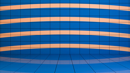 Blue glossy 3d room. Blue tiles with orange stripes. 3d rendering.