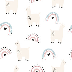 Seamless pattern with cute hand drawn llamas and rainbows in a boho style