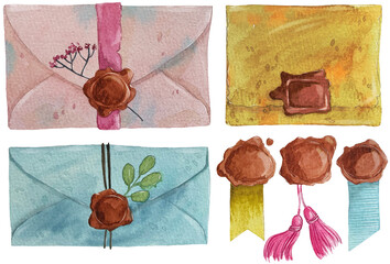 Fototapeta premium Watercolor set with envelops and wax seals. Isolated elements on a white background.