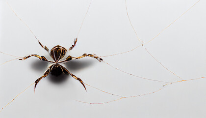 Spider on web isolated on white background. Spooky web with a spider.