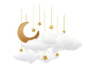 Greeting card elements with half moon in clouds and stars.vector illustration