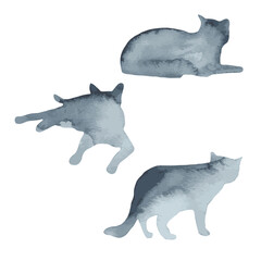 Blue silhouette of cats on a white background. Set of vector illustrations
