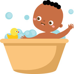 black baby washing. African american toddler have bath. Newborn child, Little kid in bubble water with duck rubber toy