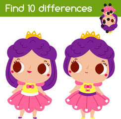 Find the differences educational children game. Kids activity with princess girl