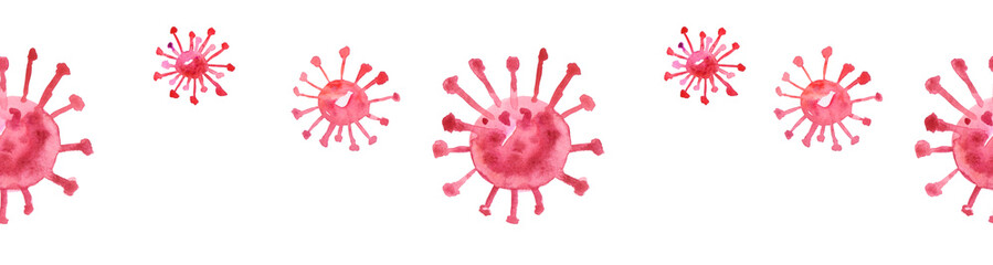 Seamless pattern of red watercolor viruses of the bacteria coronavirus disease Covid-19 pandemic dangerous infectious texture