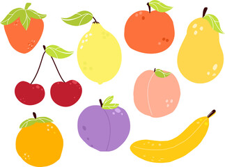 collection of funny fruits and berries cartoon characters. Apple, banana, cherry and other cute fruits