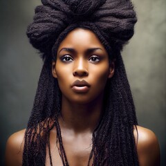 Abstraktes Porträt eines Fantasy-Ebenholzmädchens. Modische Frau mit Dreadlocks. Kreatives schönes Mädchen. © designprojects