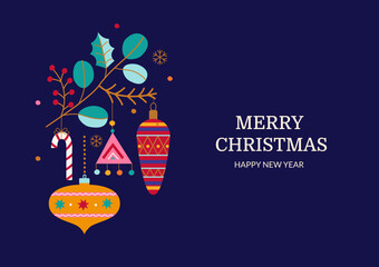 Obraz premium Merry Christmas greeting card with branch and toys in Scandinavian style. Hand drawn christmas baubles on background with wave shapes. Template for invitation,wishing,design. Vector illustration.