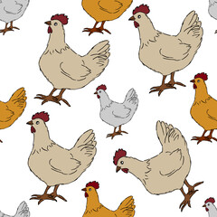 Seamless pattern with chicken cartoon character on white