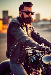 A fictional person, not based on a real person. Handsome, bearded, brutal biker in a black leather jacket against the road. 3d rendering