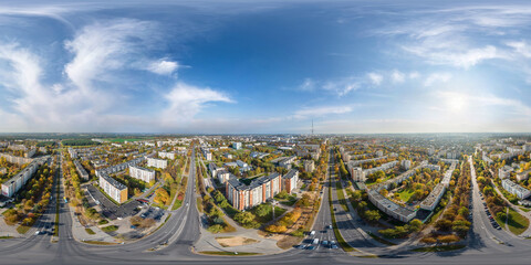 aerial full seamless spherical hdri 360 panorama view above road junction with traffic in city...
