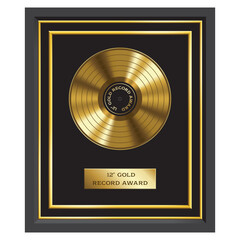 Framed gold record award ( golden analog phonograph record disk, 12 inch vinyl LP in a frame ), isolated on white background. Vector illustration.