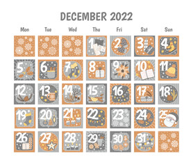 New Year and Christmas advent calendar with holiday elements. Xmas Poster and calendar for december with numbers 1 to 31. Vector illustration for celebration preparation in trendy style.