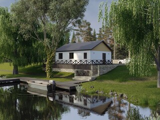 Fototapeta na wymiar 3d render of a house on the river bank.