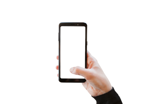 Hand holds a mobile phone with blank screen. Transparency of the screen and background.