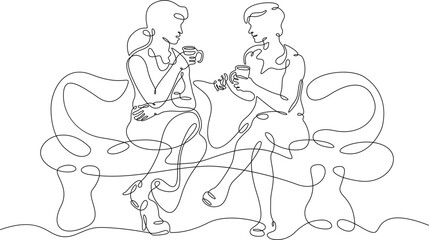 Fototapeta na wymiar One continuous line. Friends conversation. Meeting of acquaintances. Communication with loved ones. One continuous line is drawn on a white background.