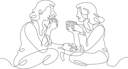 One continuous line. Friends conversation. Meeting of acquaintances. Communication with loved ones. One continuous line is drawn on a white background.
