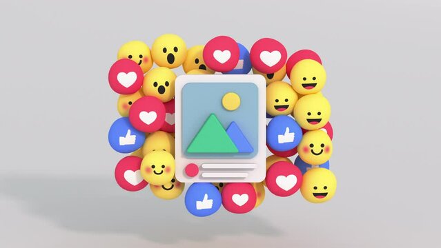 Social network concept. Media post and unique design emojis. Minimal cartoony 3D render animation